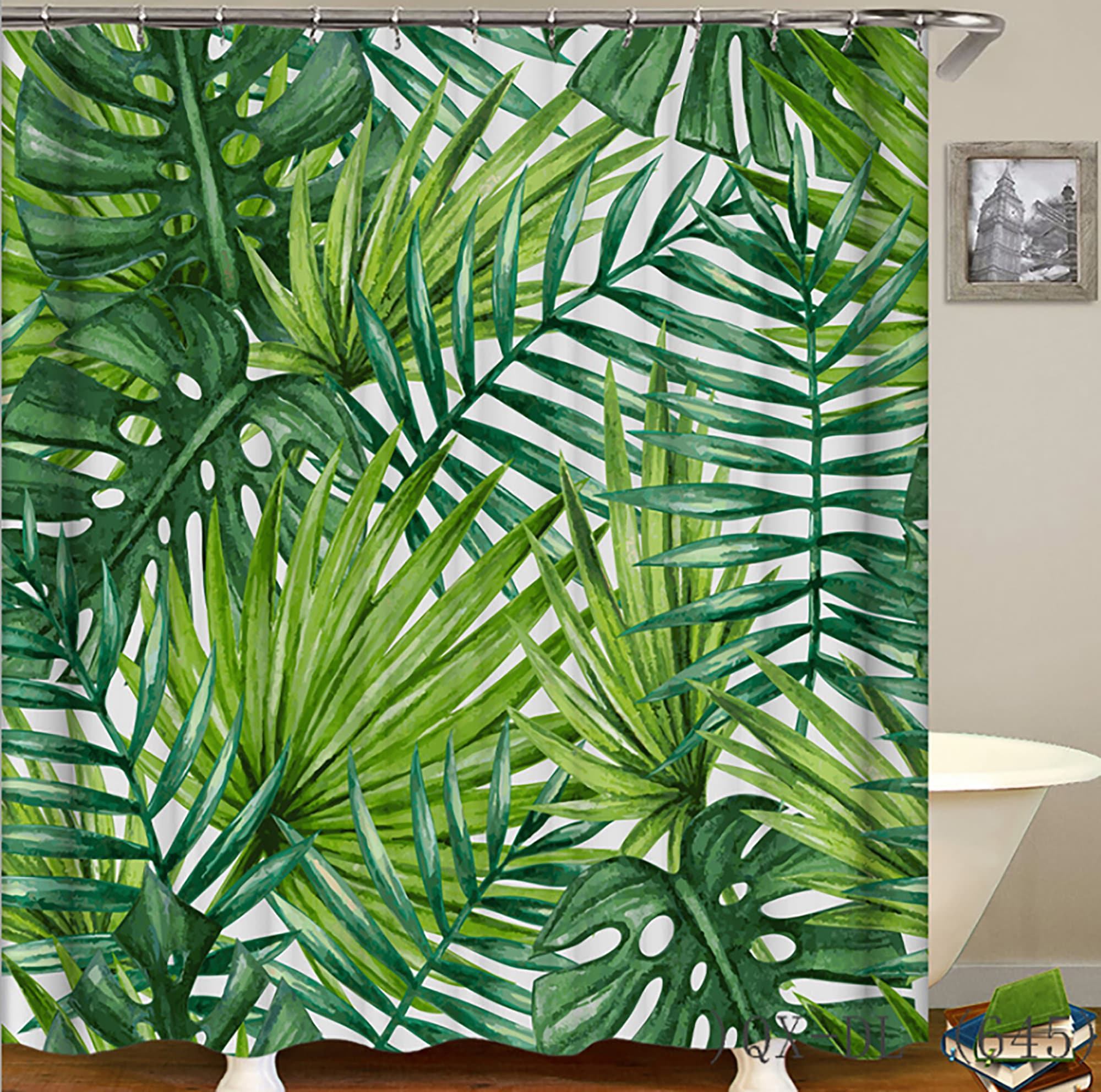 Botanical Green Palm Leaf Shower Curtain With Coconut And Banana Leaf Prints For Tropical Bathroom Decor