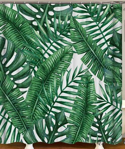 Botanical Green Palm Leaf Shower Curtain With Coconut And Banana Leaf Prints For Tropical Bathroom Decor