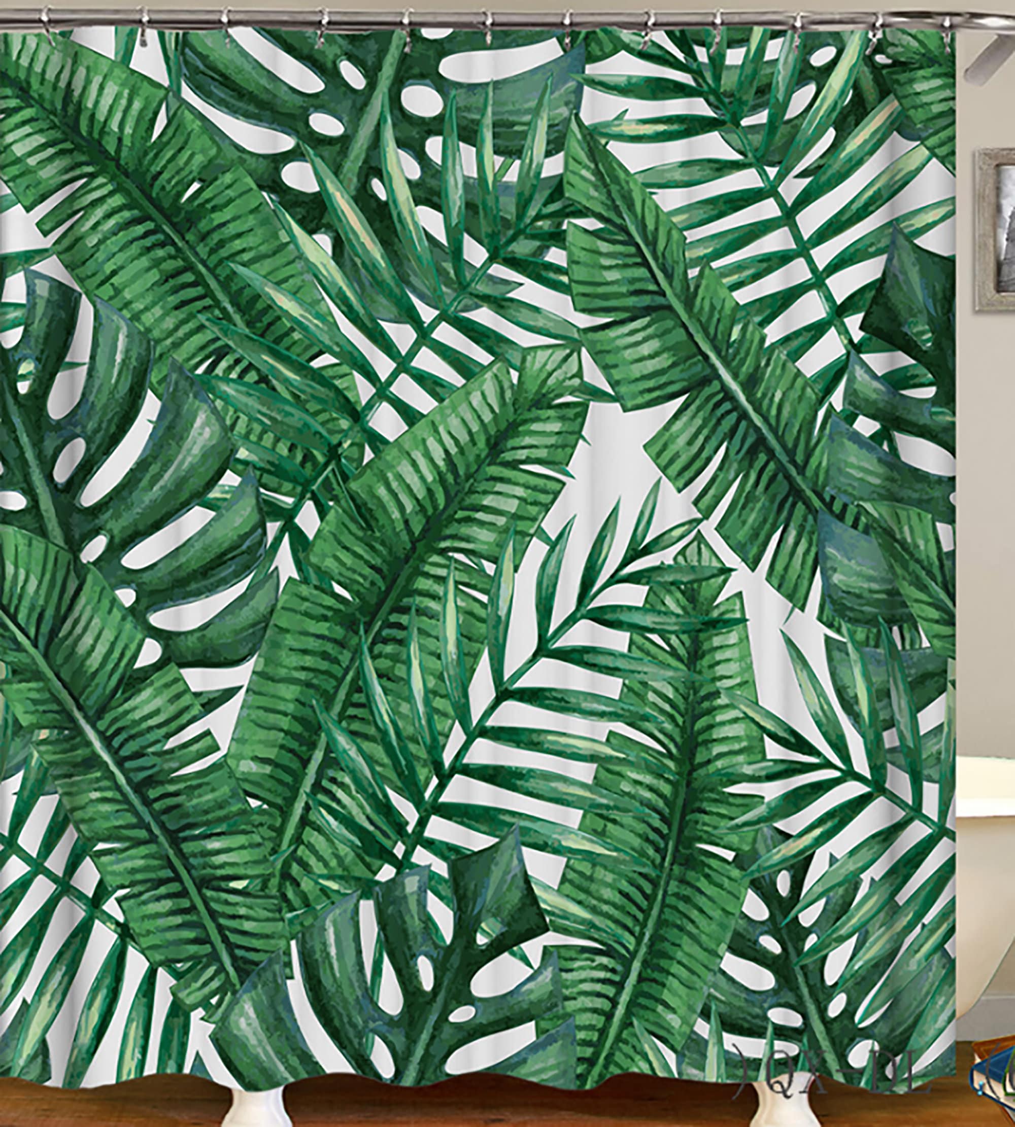 Botanical Green Palm Leaf Shower Curtain With Coconut And Banana Leaf Prints For Tropical Bathroom Decor