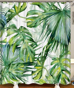 Botanical Green Palm Leaf Shower Curtain With Coconut And Banana Leaf Prints For Tropical Bathroom Decor