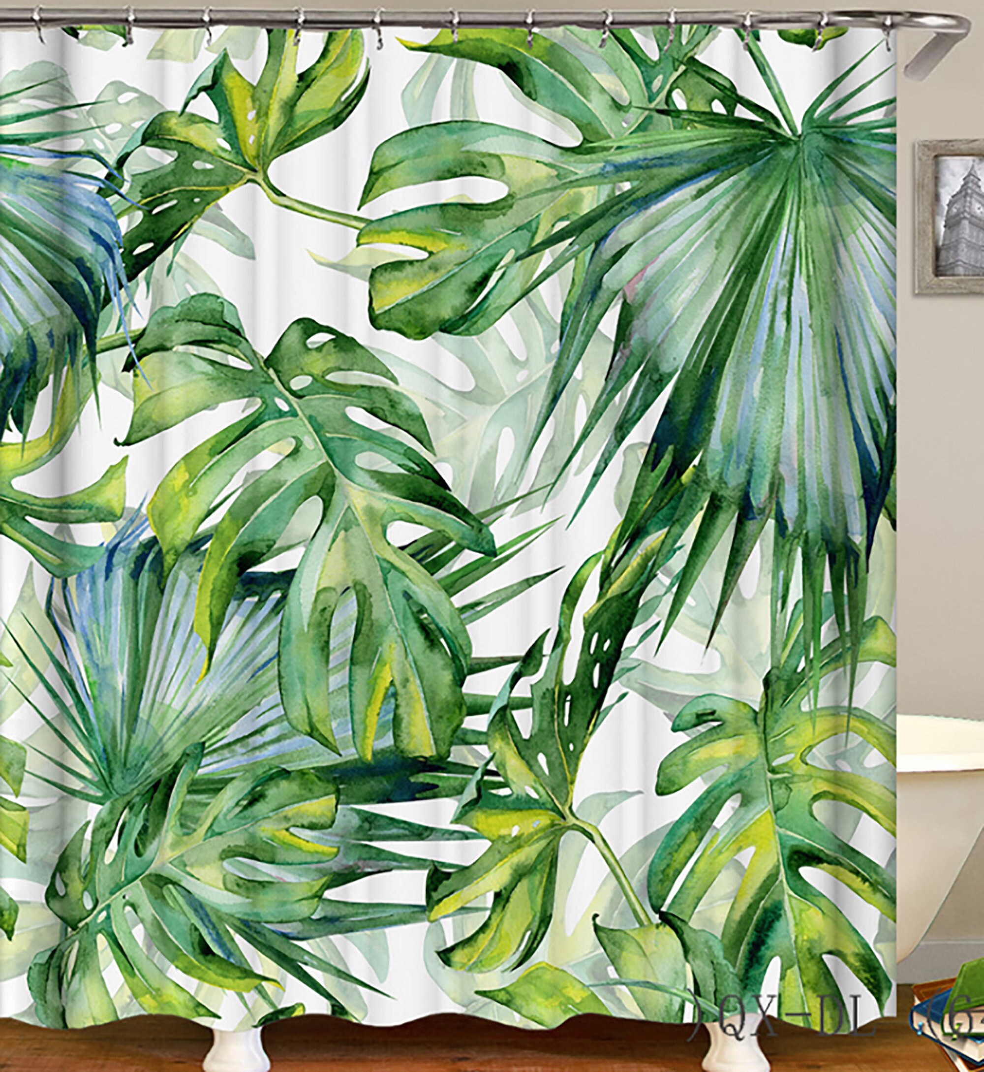 Botanical Green Palm Leaf Shower Curtain With Coconut And Banana Leaf Prints For Tropical Bathroom Decor