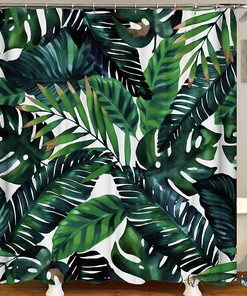 Botanical Green Palm Leaf Shower Curtain With Coconut And Banana Leaf Prints For Tropical Bathroom Decor