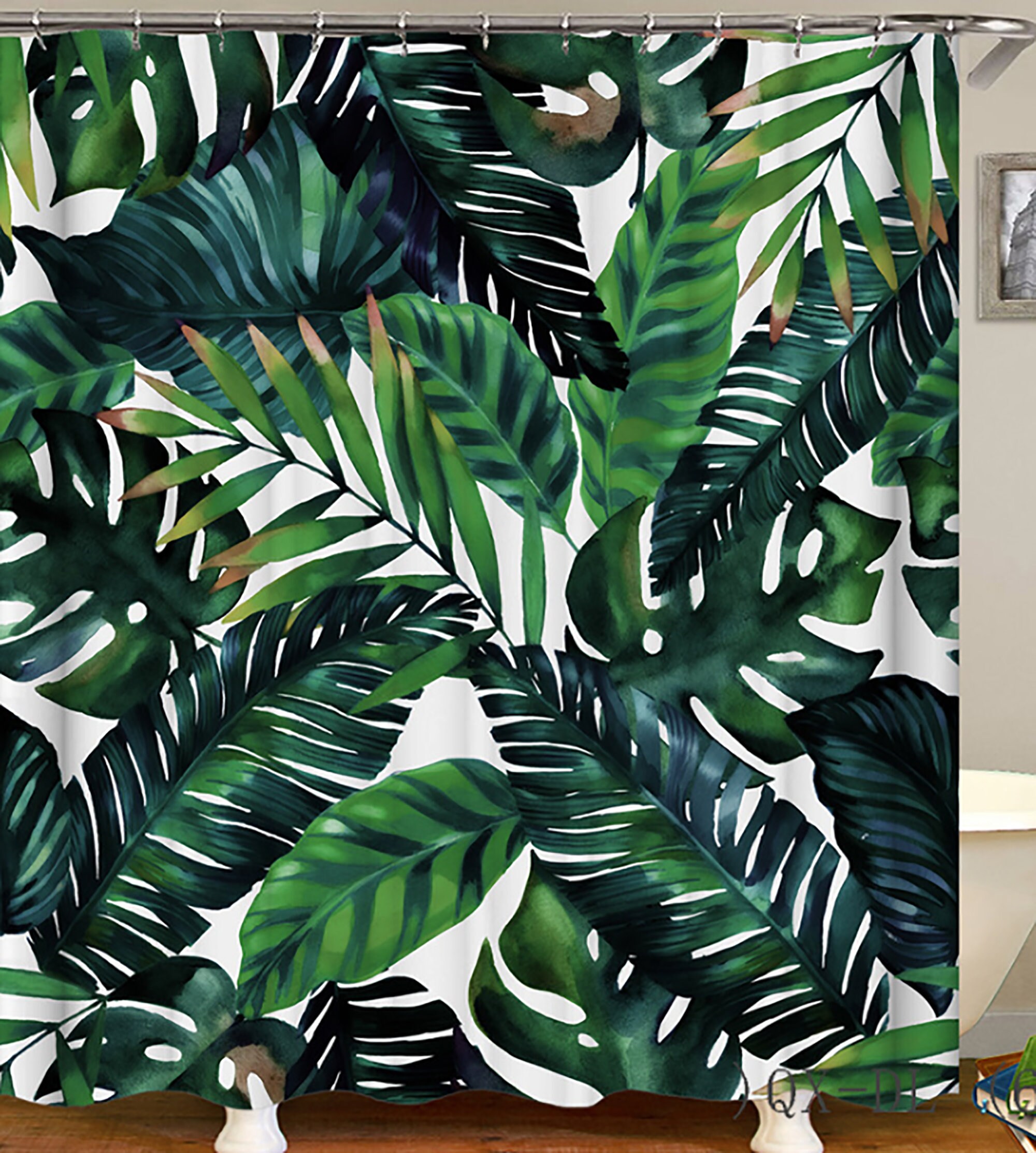 Botanical Green Palm Leaf Shower Curtain With Coconut And Banana Leaf Prints For Tropical Bathroom Decor