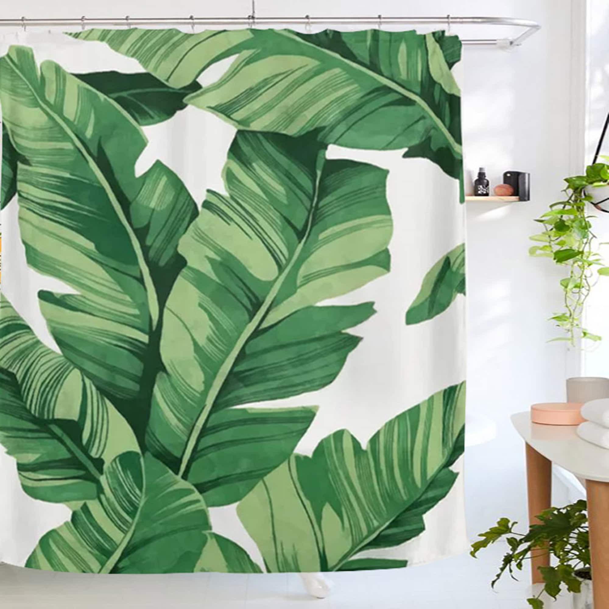 Botanical Green Shower Curtain With Banana Leaf Print For Nature-Inspired Bathroom Decor