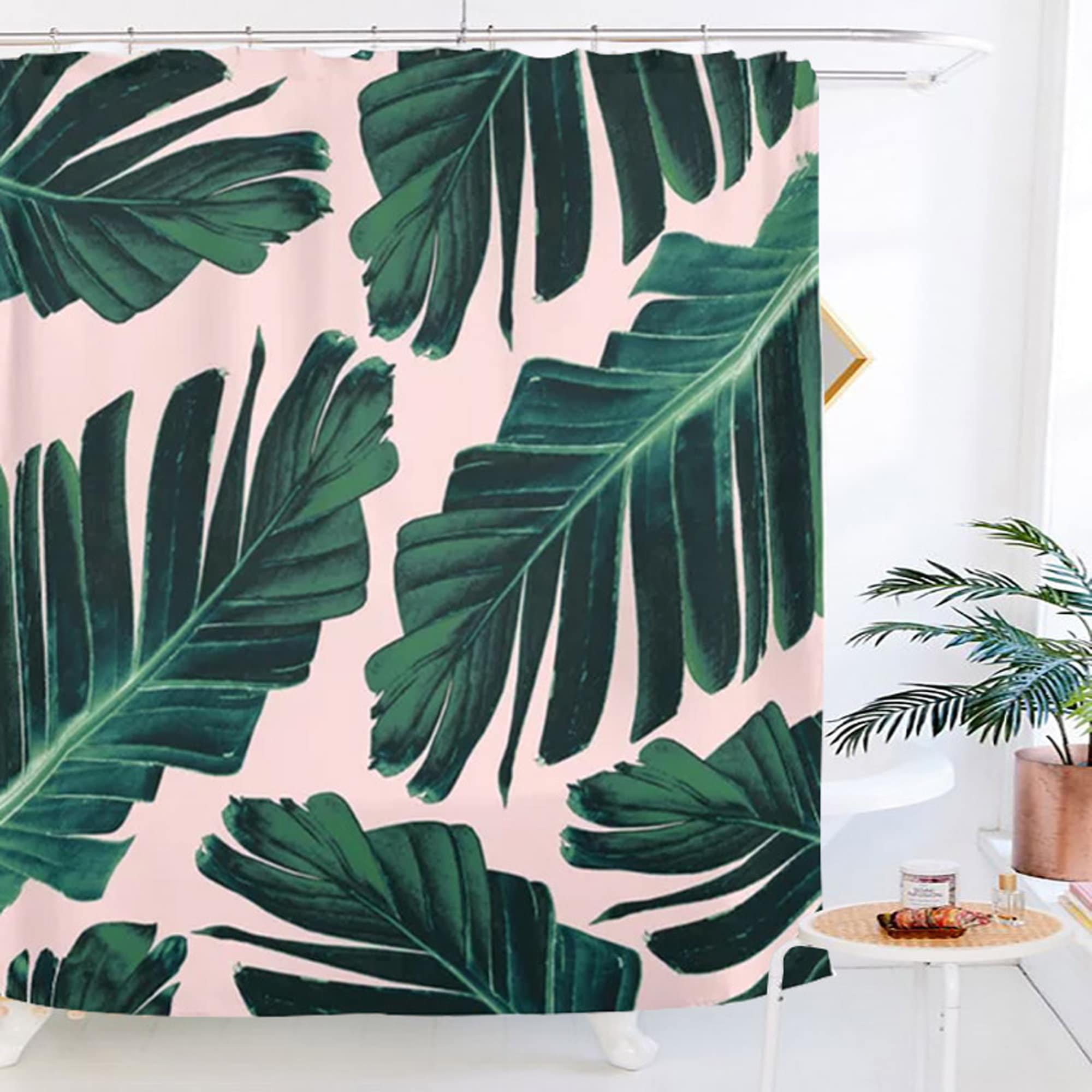 Botanical Green Shower Curtain With Banana Leaf Print For Nature-Inspired Bathroom Decor