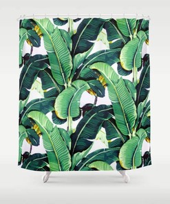 Botanical Green Shower Curtain With Banana Leaf Print For Nature-Inspired Bathroom Decor