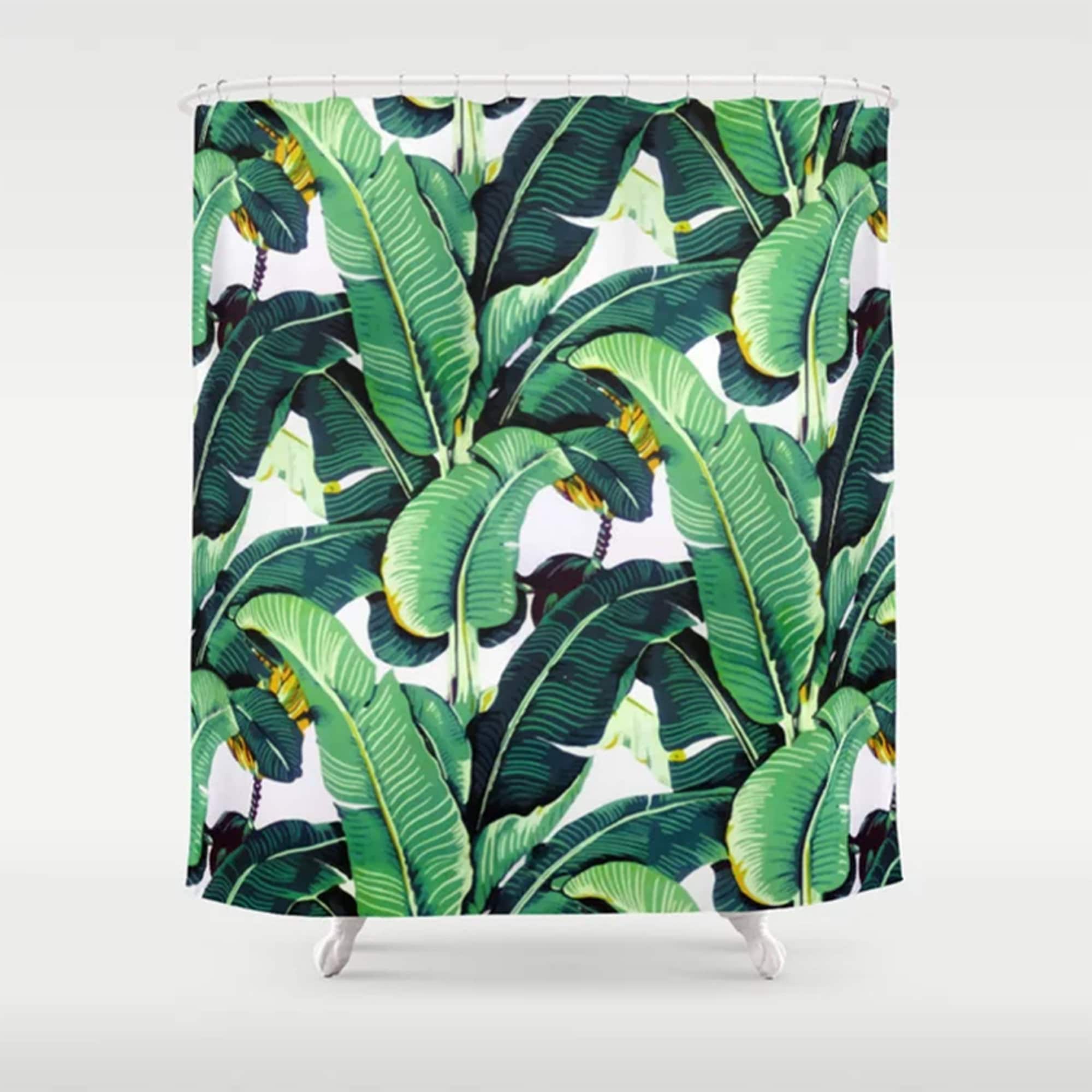 Botanical Green Shower Curtain With Banana Leaf Print For Nature-Inspired Bathroom Decor