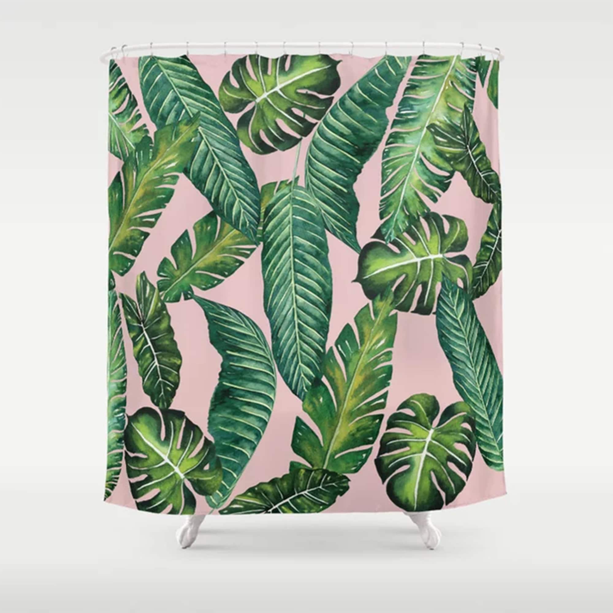 Botanical Green Shower Curtain With Banana Leaf Print For Nature-Inspired Bathroom Decor