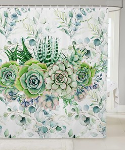 Botanical Green Succulent Shower Curtain for Girls' Bathroom, Waterproof and Floral Print