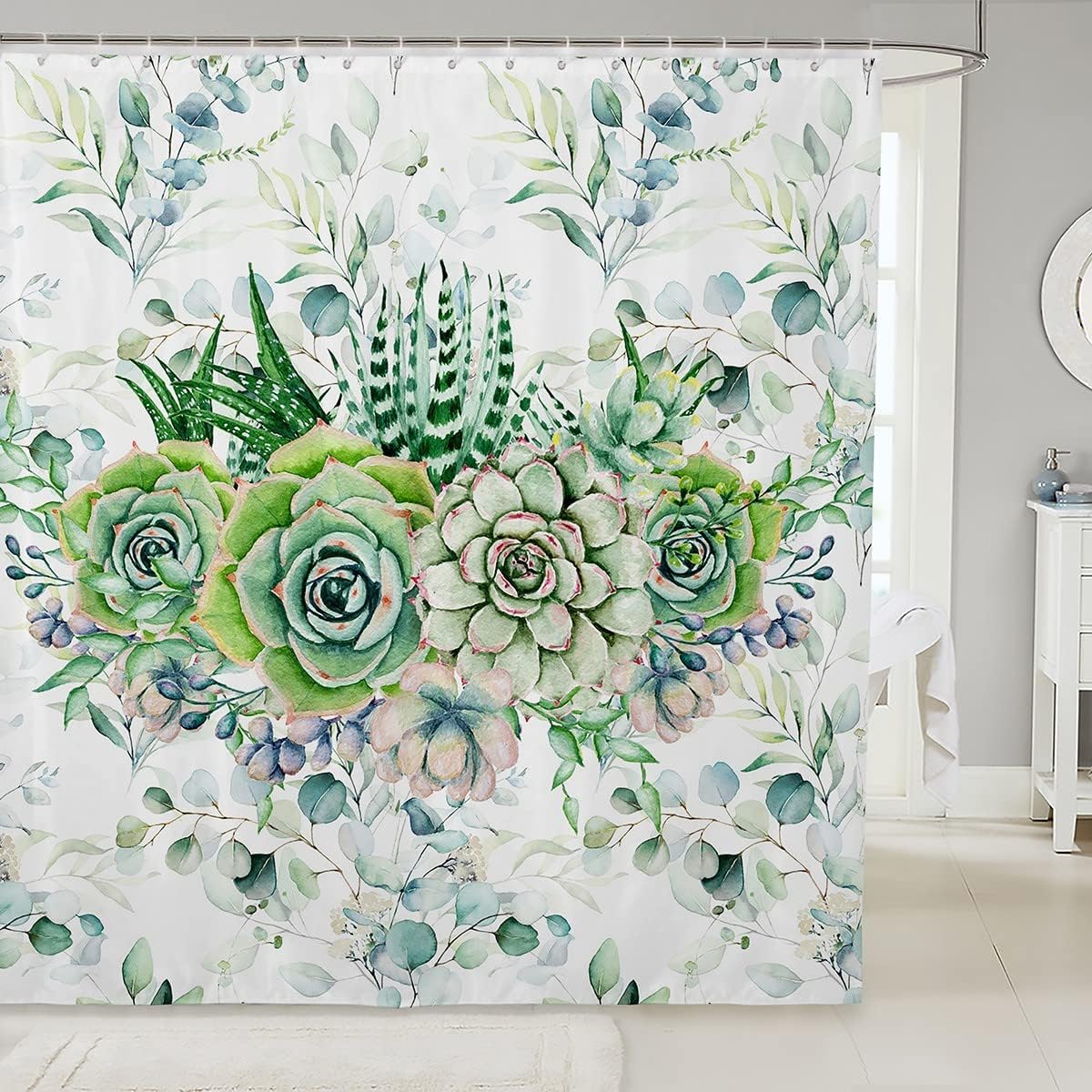 Botanical Green Succulent Shower Curtain for Girls' Bathroom, Waterproof and Floral Print