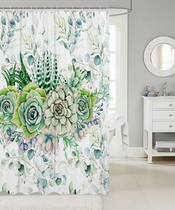 Botanical Green Succulent Shower Curtain for Girls' Bathroom, Waterproof and Floral Print