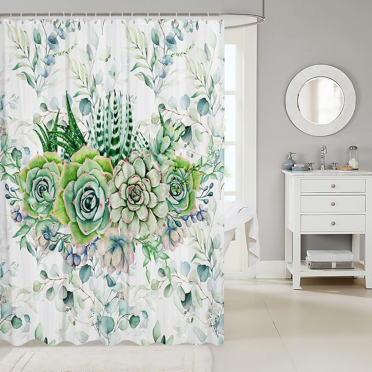 Botanical Green Succulent Shower Curtain for Girls' Bathroom, Waterproof and Floral Print
