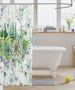 Botanical Green Succulent Shower Curtain for Girls' Bathroom, Waterproof and Floral Print