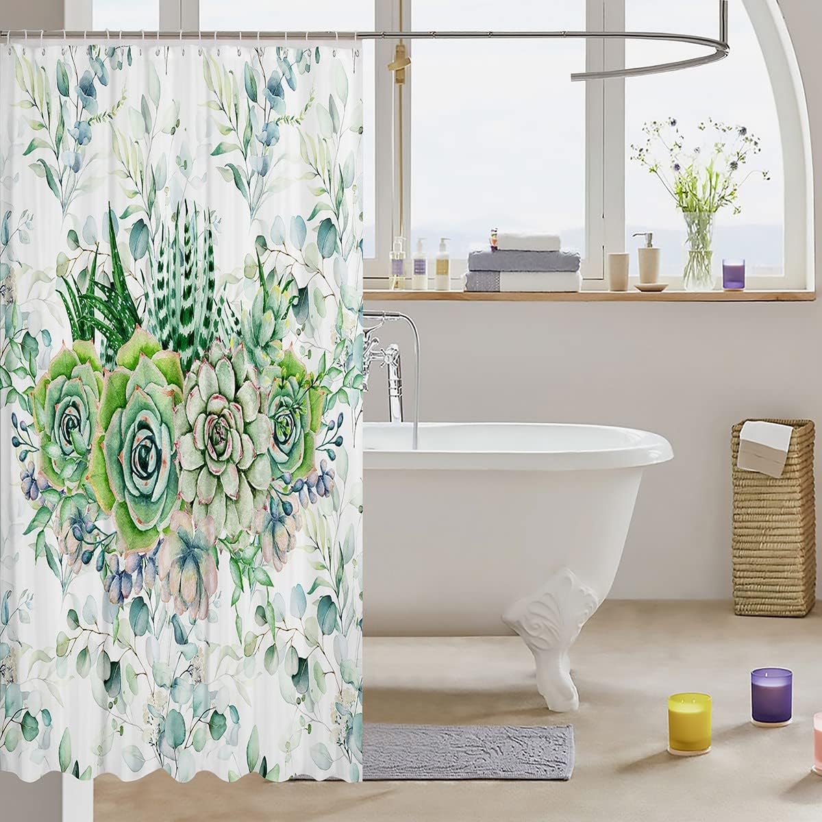 Botanical Green Succulent Shower Curtain for Girls' Bathroom, Waterproof and Floral Print