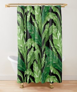 Botanical Greenery Shower Curtain - Black Bathroom Decor With Watercolor Leaves And Boho Style