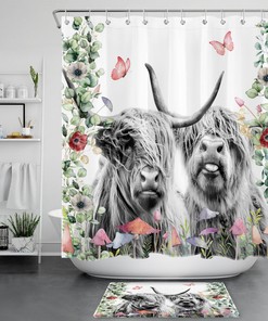 Botanical Highland Cow Shower Curtain for a Rustic Farmhouse Look