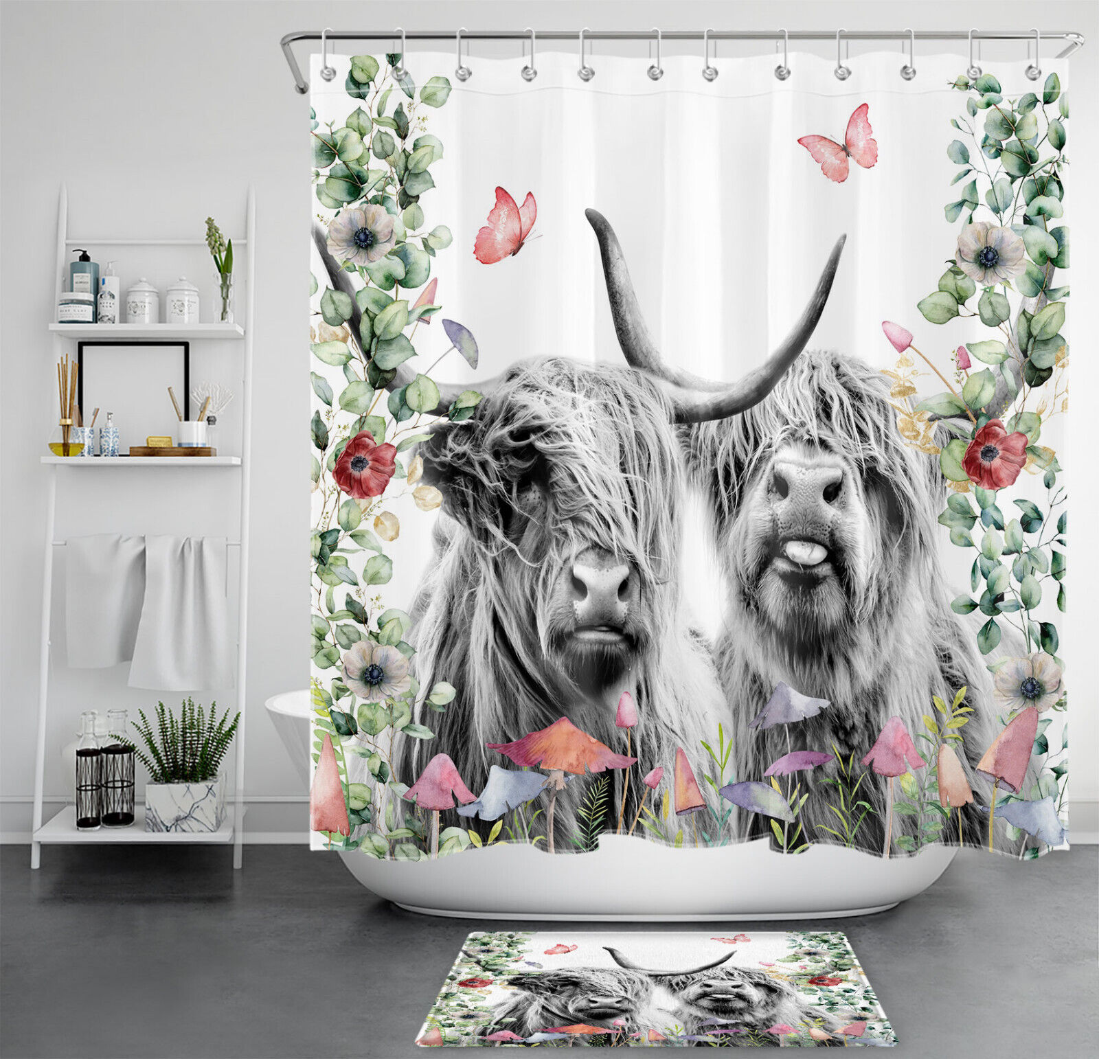 Botanical Highland Cow Shower Curtain for a Rustic Farmhouse Look