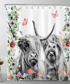Botanical Highland Cow Shower Curtain for a Rustic Farmhouse Look