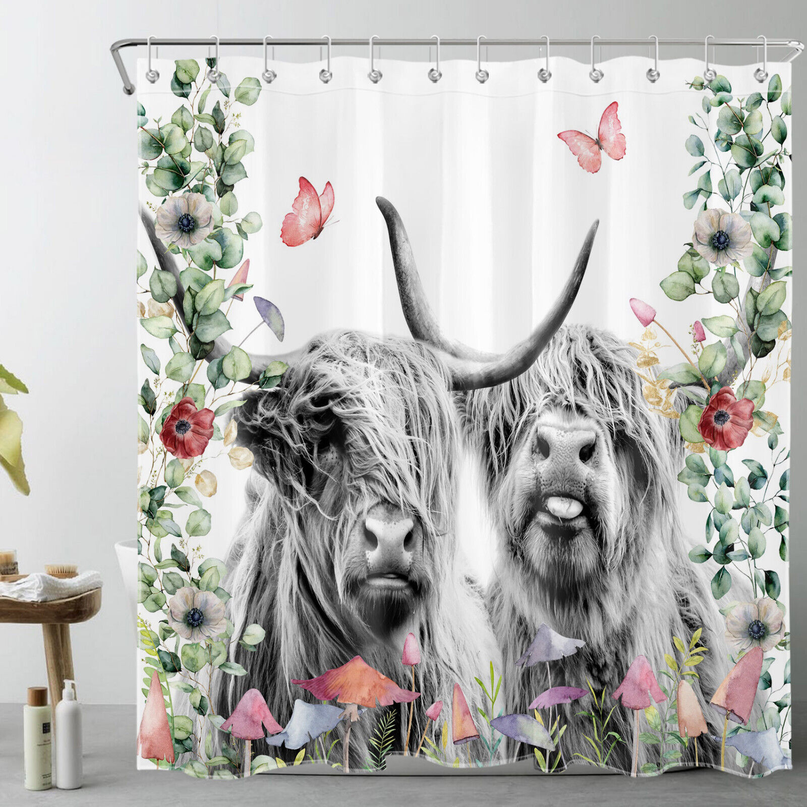 Botanical Highland Cow Shower Curtain for a Rustic Farmhouse Look