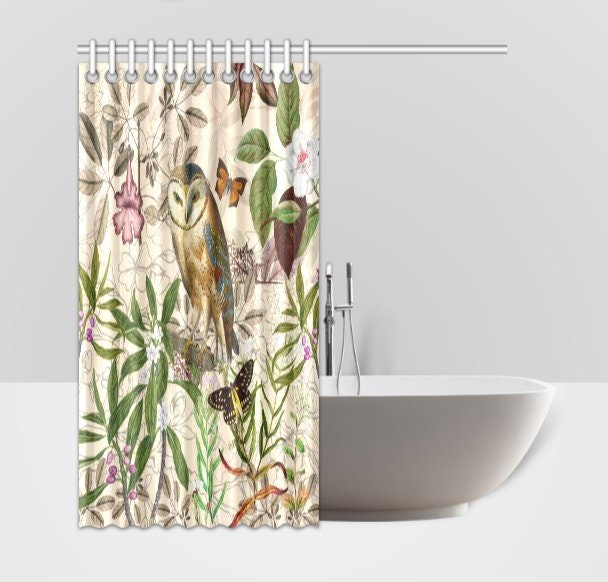 Botanical Jasmine and Butterflies Print Shower Curtain, Shabby Chic Bathroom Decor