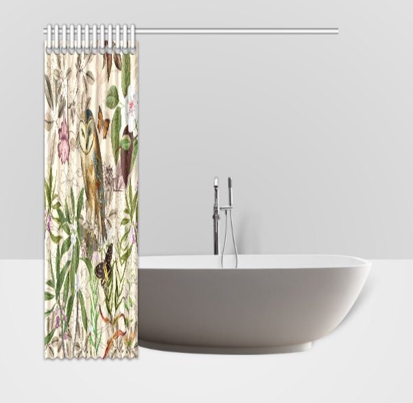 Botanical Jasmine and Butterflies Print Shower Curtain, Shabby Chic Bathroom Decor