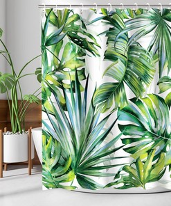 Botanical Jungle Shower Curtain - Green Plant Leaf Bathroom Curtain with Tropical Floral Decor