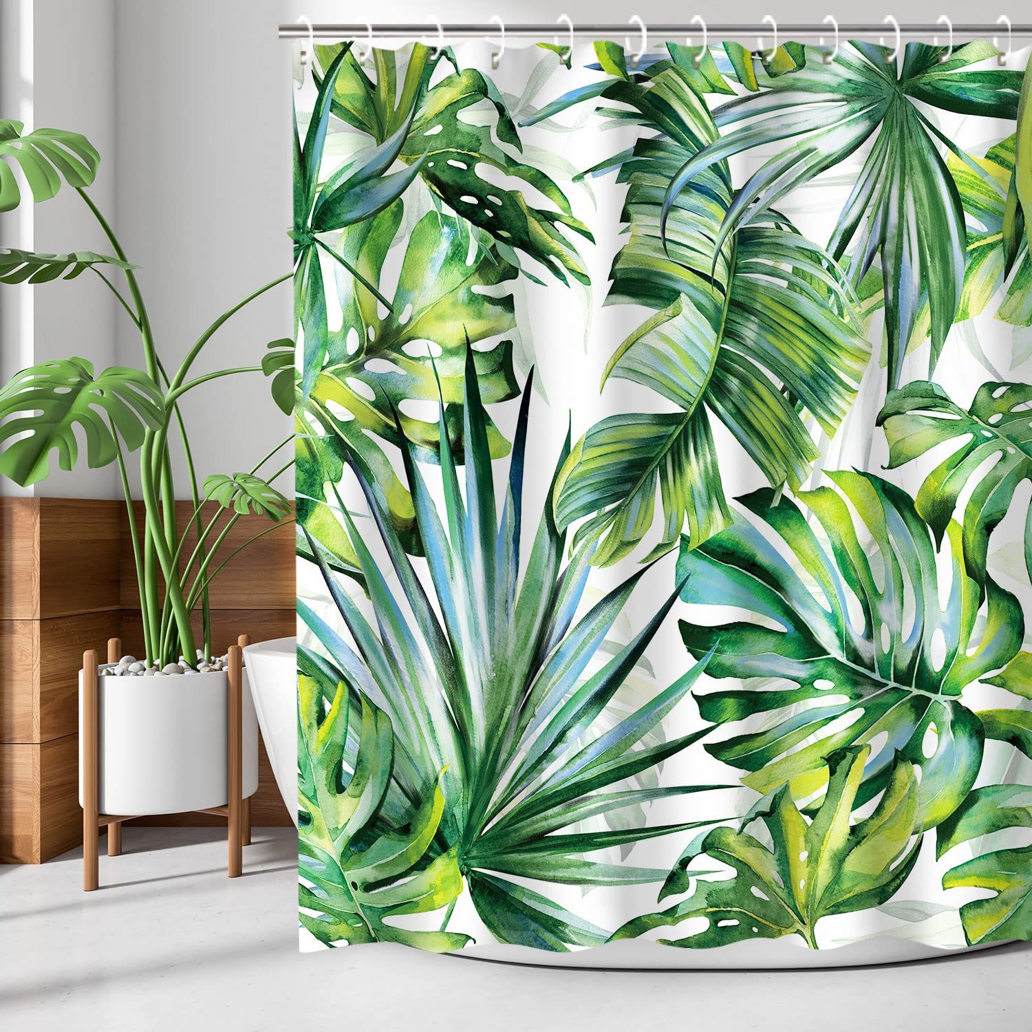 Botanical Jungle Shower Curtain - Green Plant Leaf Bathroom Curtain with Tropical Floral Decor