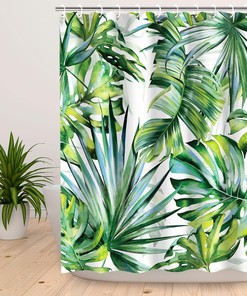 Botanical Jungle Shower Curtain - Green Plant Leaf Bathroom Curtain with Tropical Floral Decor