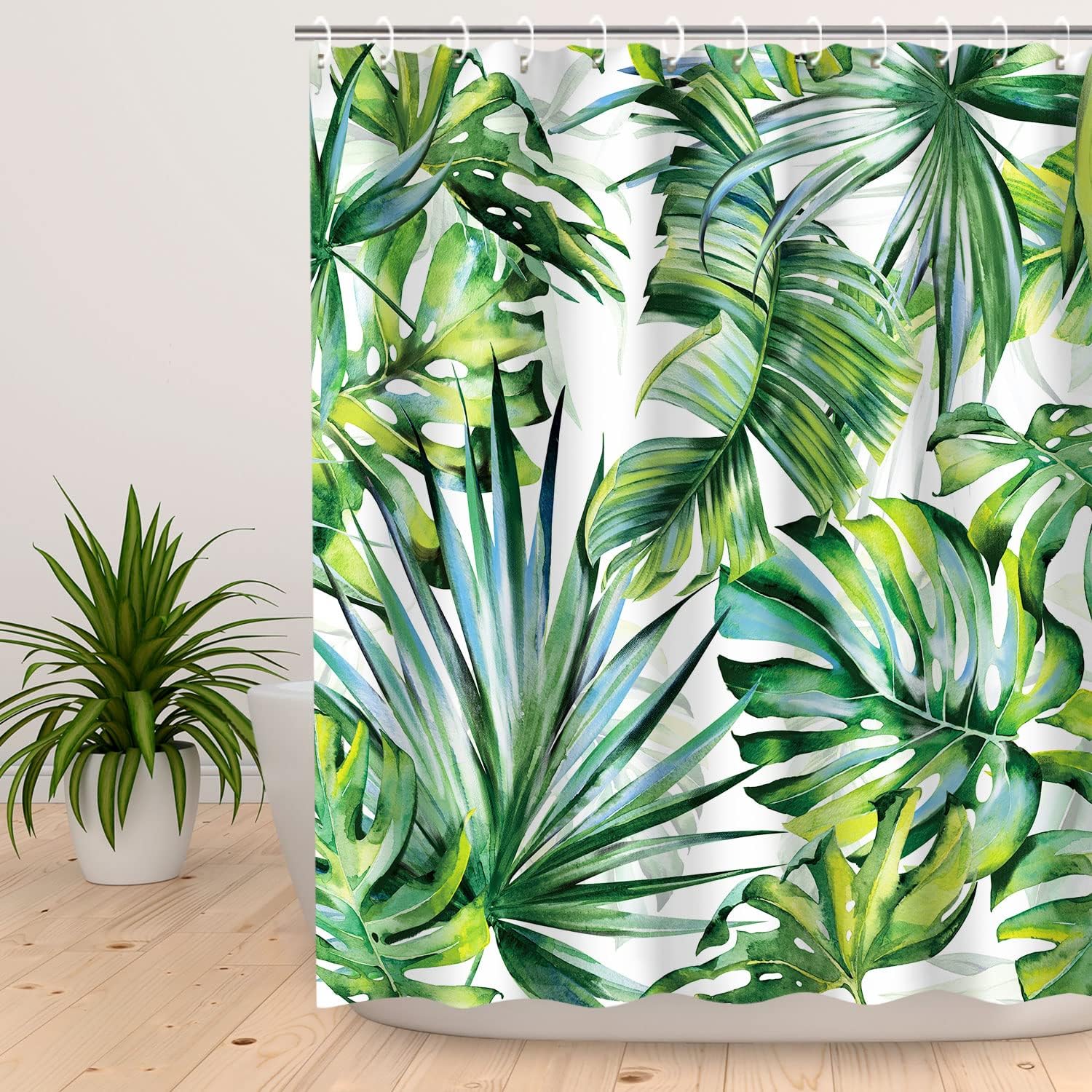 Botanical Jungle Shower Curtain - Green Plant Leaf Bathroom Curtain with Tropical Floral Decor