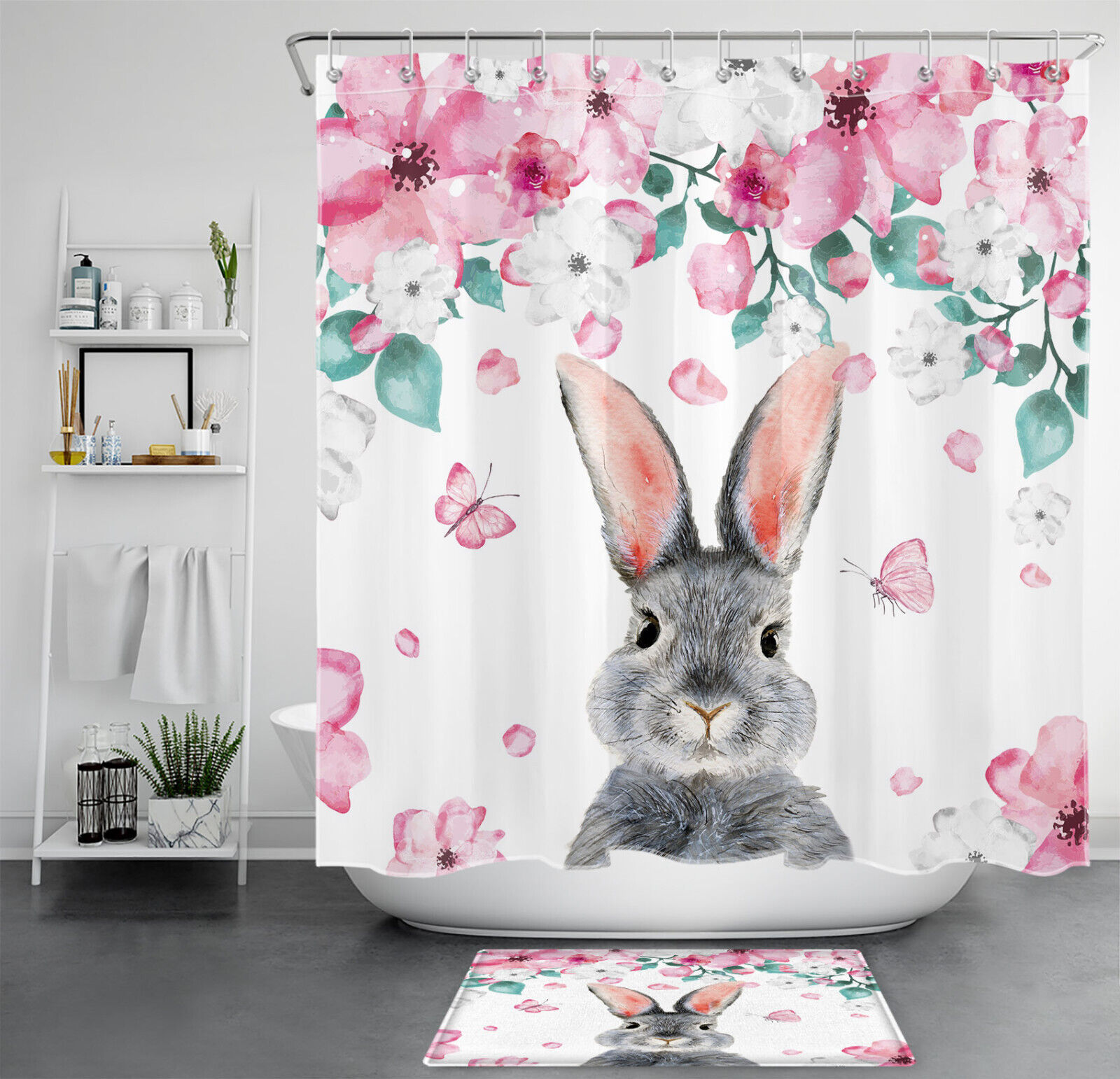 Botanical Leaf Pink Floral Rose Rabbit Decorated Shower Curtain, Add a Touch of Elegance to Your Bathroom