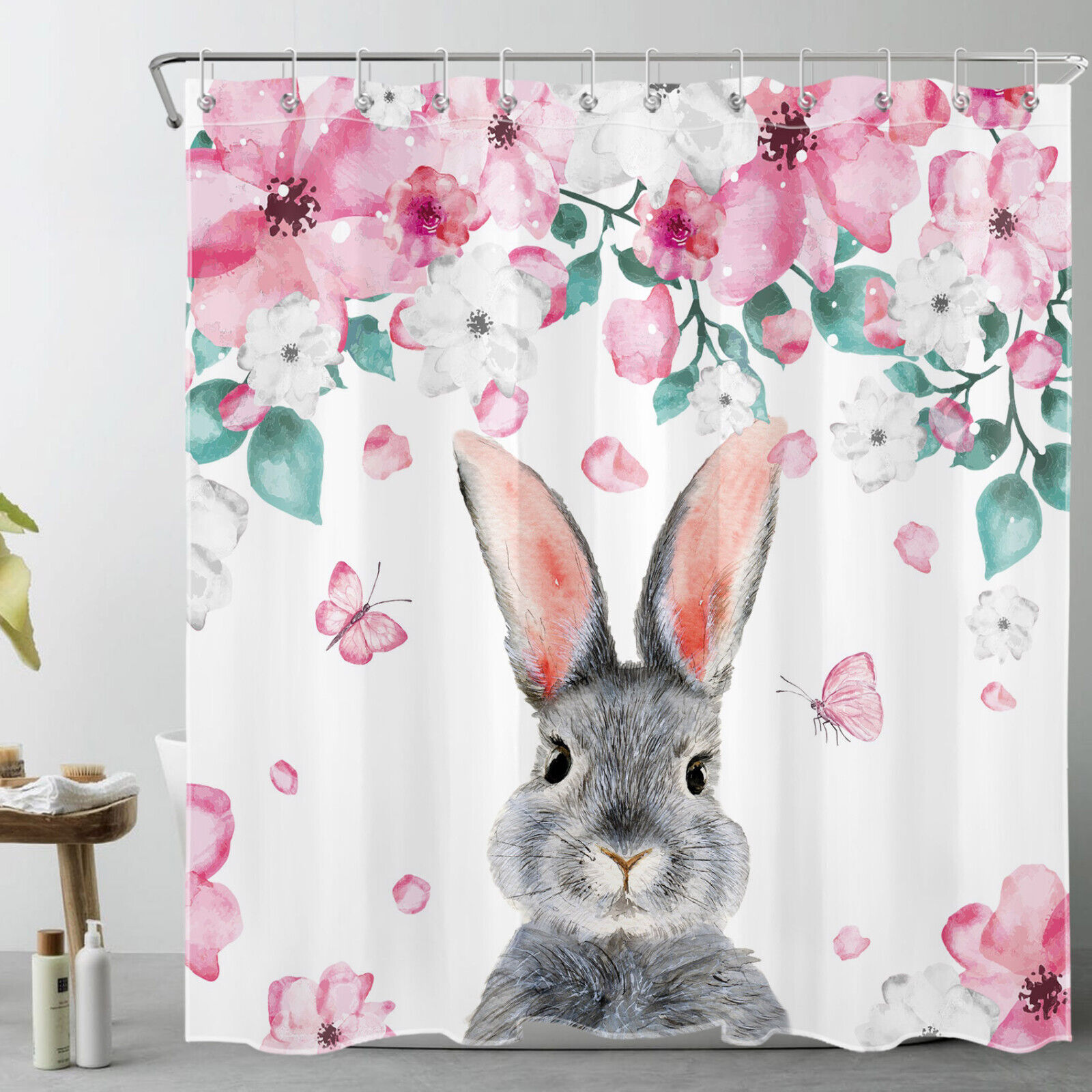 Botanical Leaf Pink Floral Rose Rabbit Decorated Shower Curtain, Add a Touch of Elegance to Your Bathroom