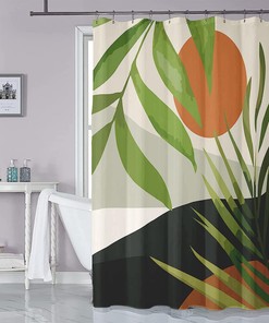 Botanical Mid Century Boho Shower Curtain with Abstract Tropical Leaf Palm Plant Design