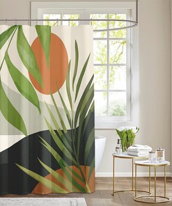 Botanical Mid Century Boho Shower Curtain with Abstract Tropical Leaf Palm Plant Design