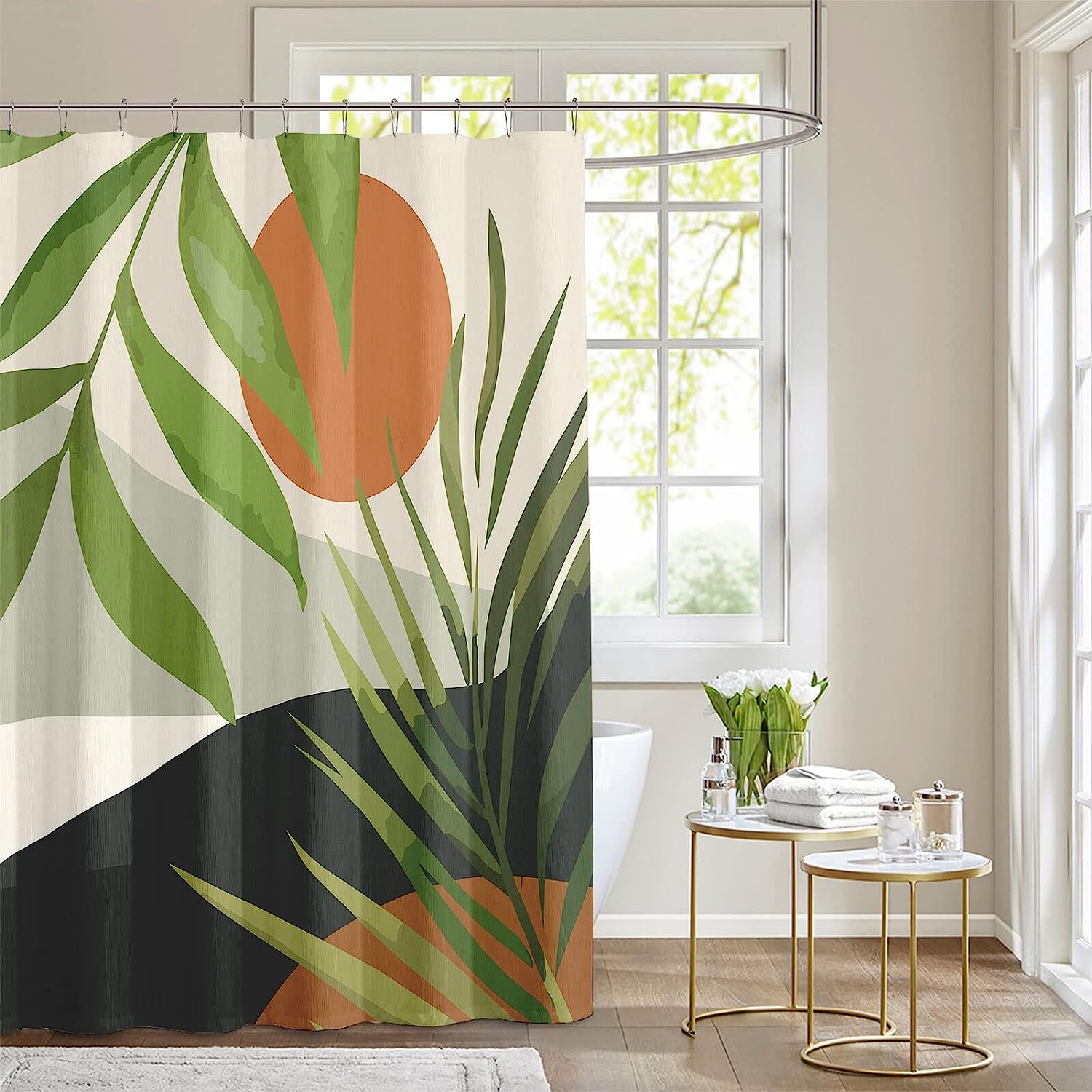 Botanical Mid Century Boho Shower Curtain with Abstract Tropical Leaf Palm Plant Design