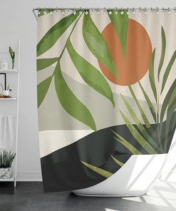 Botanical Mid Century Boho Shower Curtain with Abstract Tropical Leaf Palm Plant Design