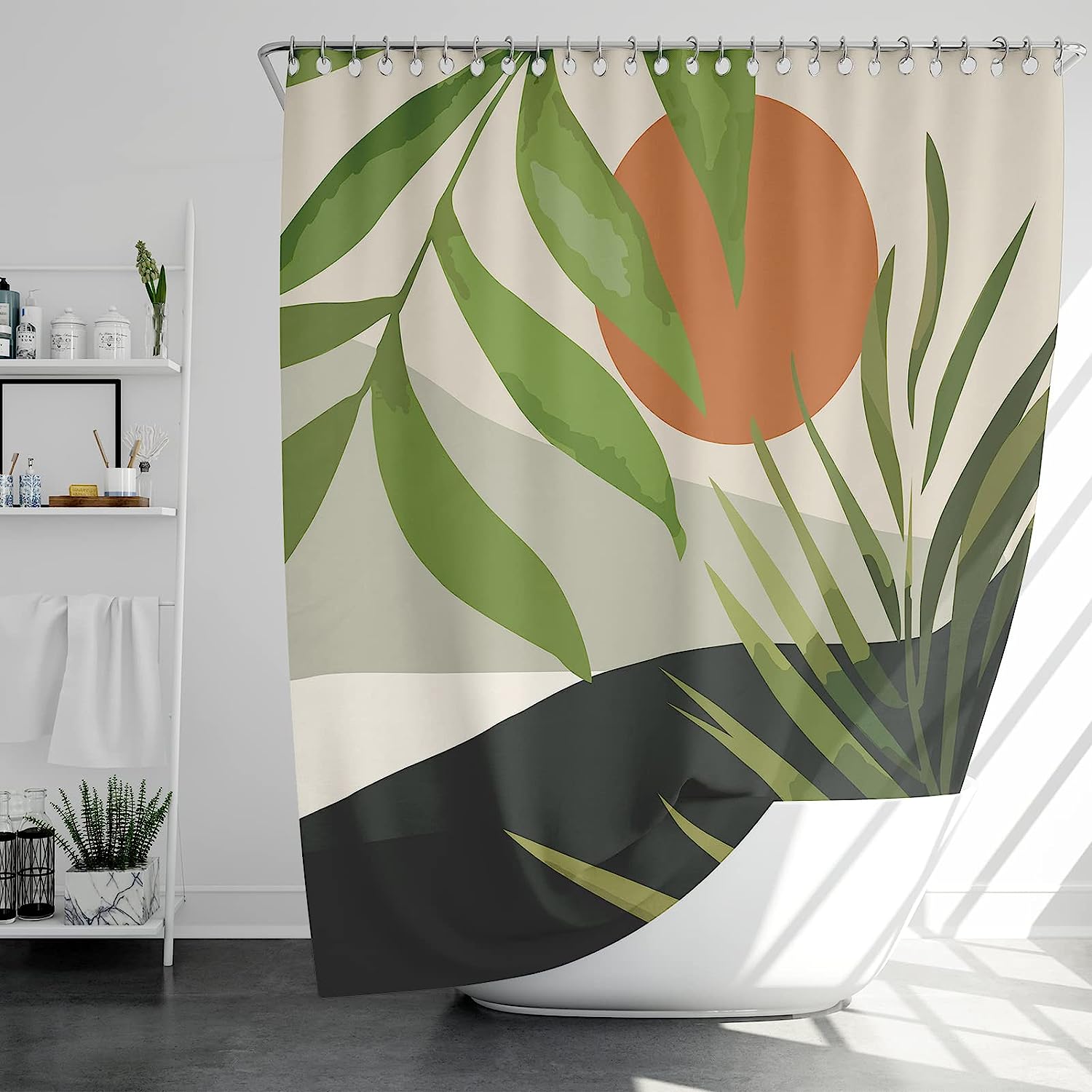 Botanical Mid Century Boho Shower Curtain with Abstract Tropical Leaf Palm Plant Design