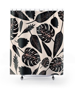 Botanical Monstera Shower Curtain, Pastel Colors, Black Illustration, Tropical Curtain