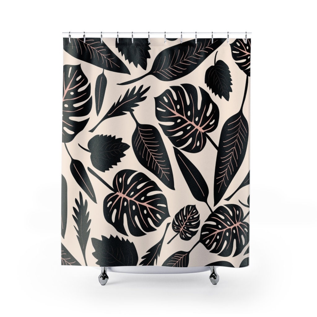 Botanical Monstera Shower Curtain, Pastel Colors, Black Illustration, Tropical Curtain
