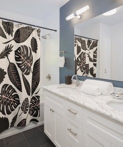 Botanical Monstera Shower Curtain, Pastel Colors, Black Illustration, Tropical Curtain