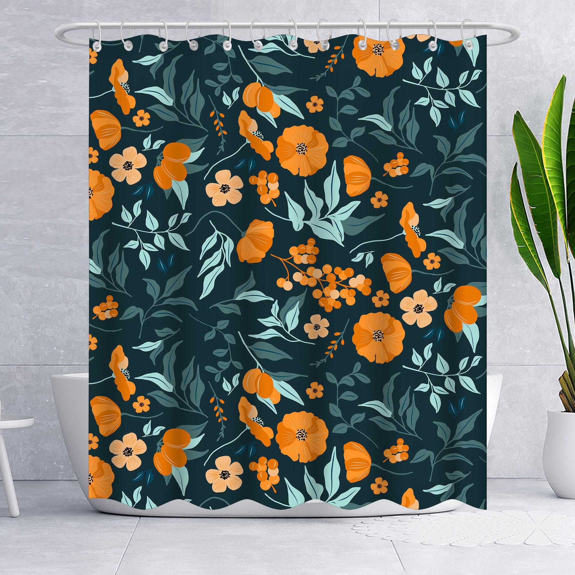 Botanical Orange Flower Shower Curtain - Watercolor Bathroom Decor, Elegant Boho Chic Theme, Nature Art Print