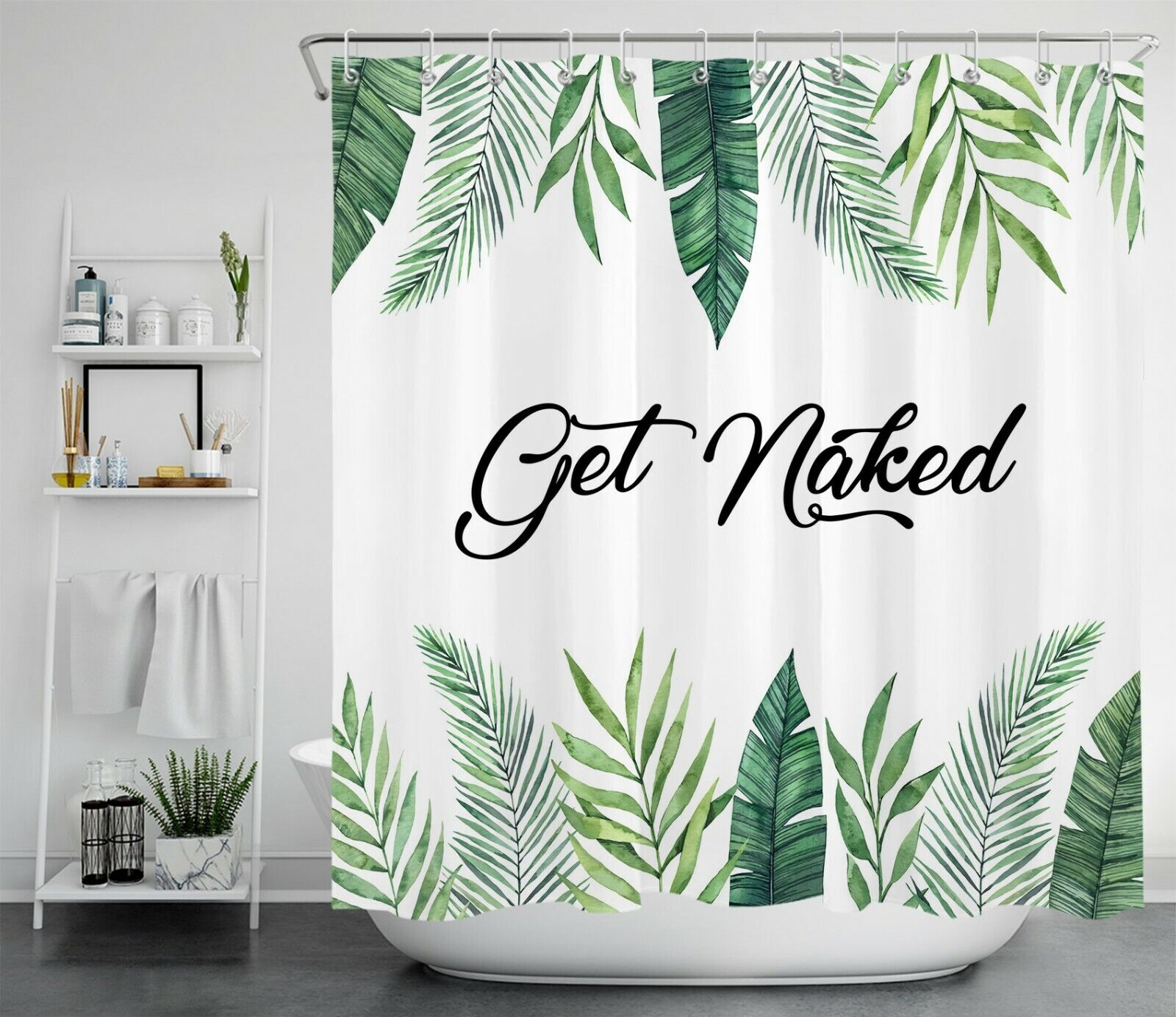 Botanical Palm Leaf Shower Curtain with Funny Words for Spring