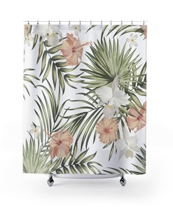 Botanical Palm Leaves And Floral Hibiscus Printed Shower Curtain For Bathroom Decor