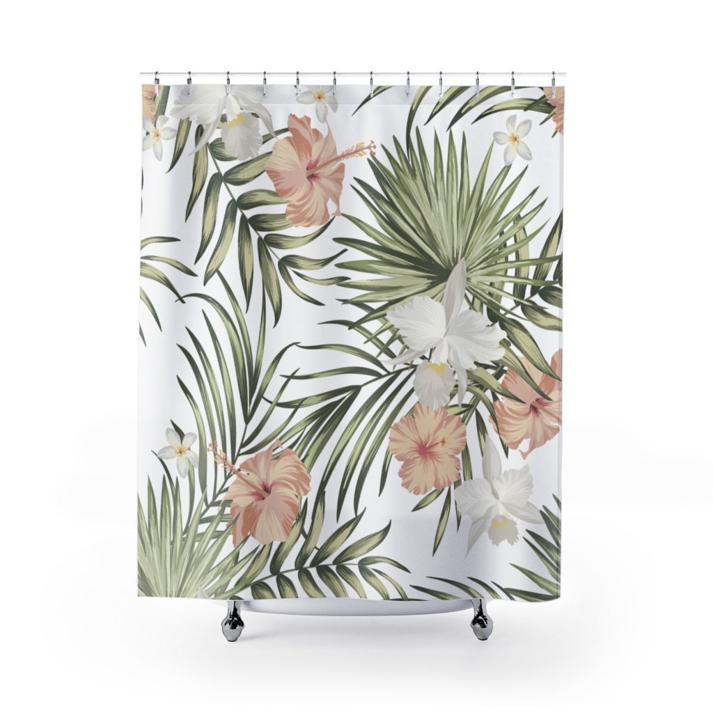 Botanical Palm Leaves And Floral Hibiscus Printed Shower Curtain For Bathroom Decor