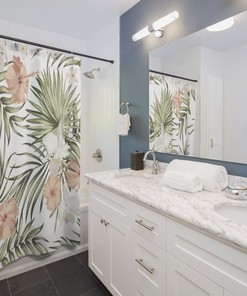 Botanical Palm Leaves And Floral Hibiscus Printed Shower Curtain For Bathroom Decor