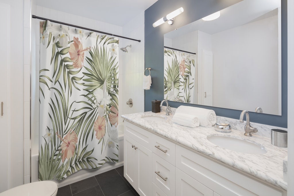 Botanical Palm Leaves And Floral Hibiscus Printed Shower Curtain For Bathroom Decor