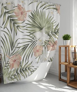 Botanical Palm Leaves And Floral Hibiscus Printed Shower Curtain For Bathroom Decor