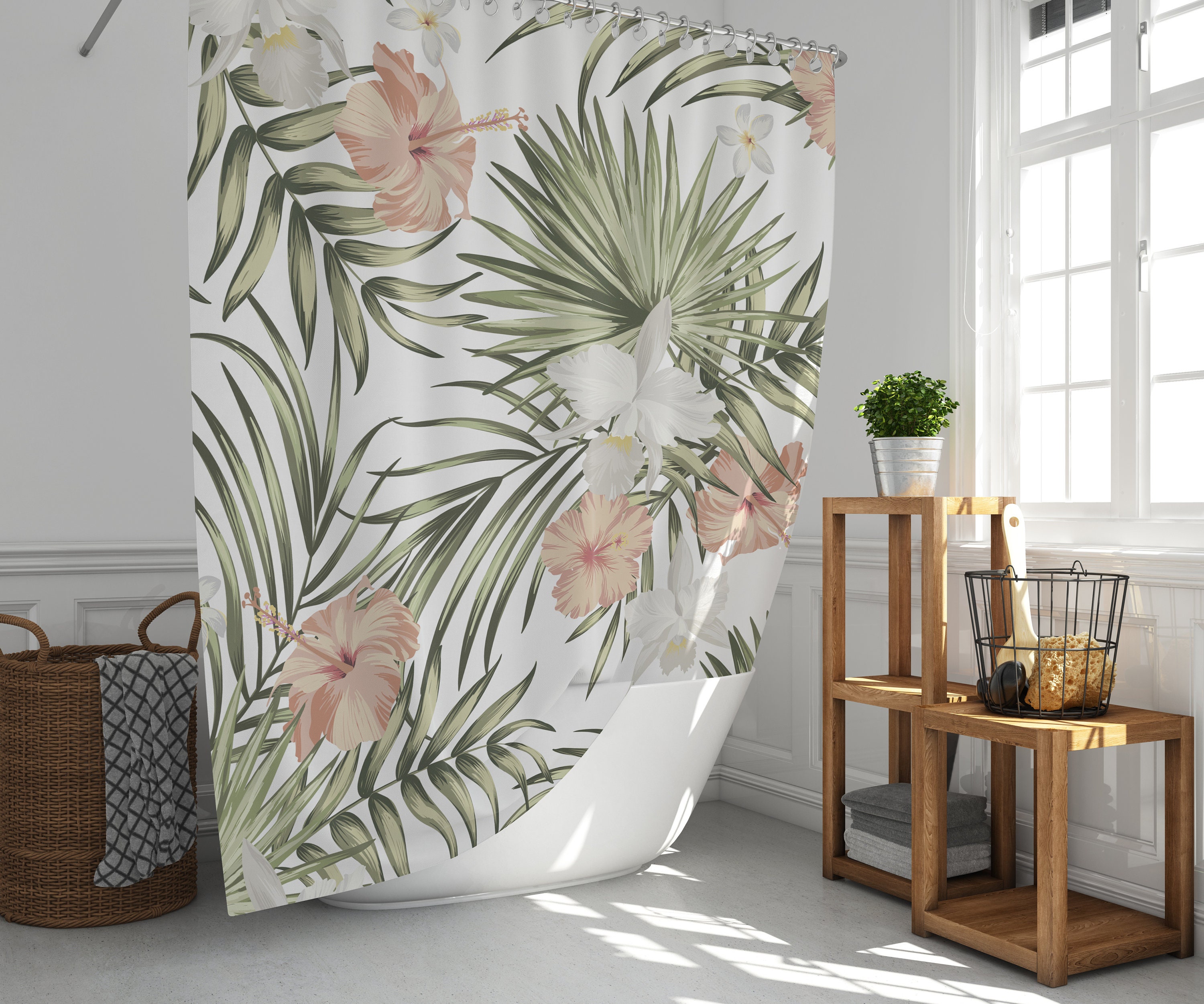 Botanical Palm Leaves And Floral Hibiscus Printed Shower Curtain For Bathroom Decor