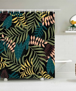Botanical Palm Leaves Shower Curtain, Blue Lotus Flower Shower Curtain For Tropical Bathroom Decor