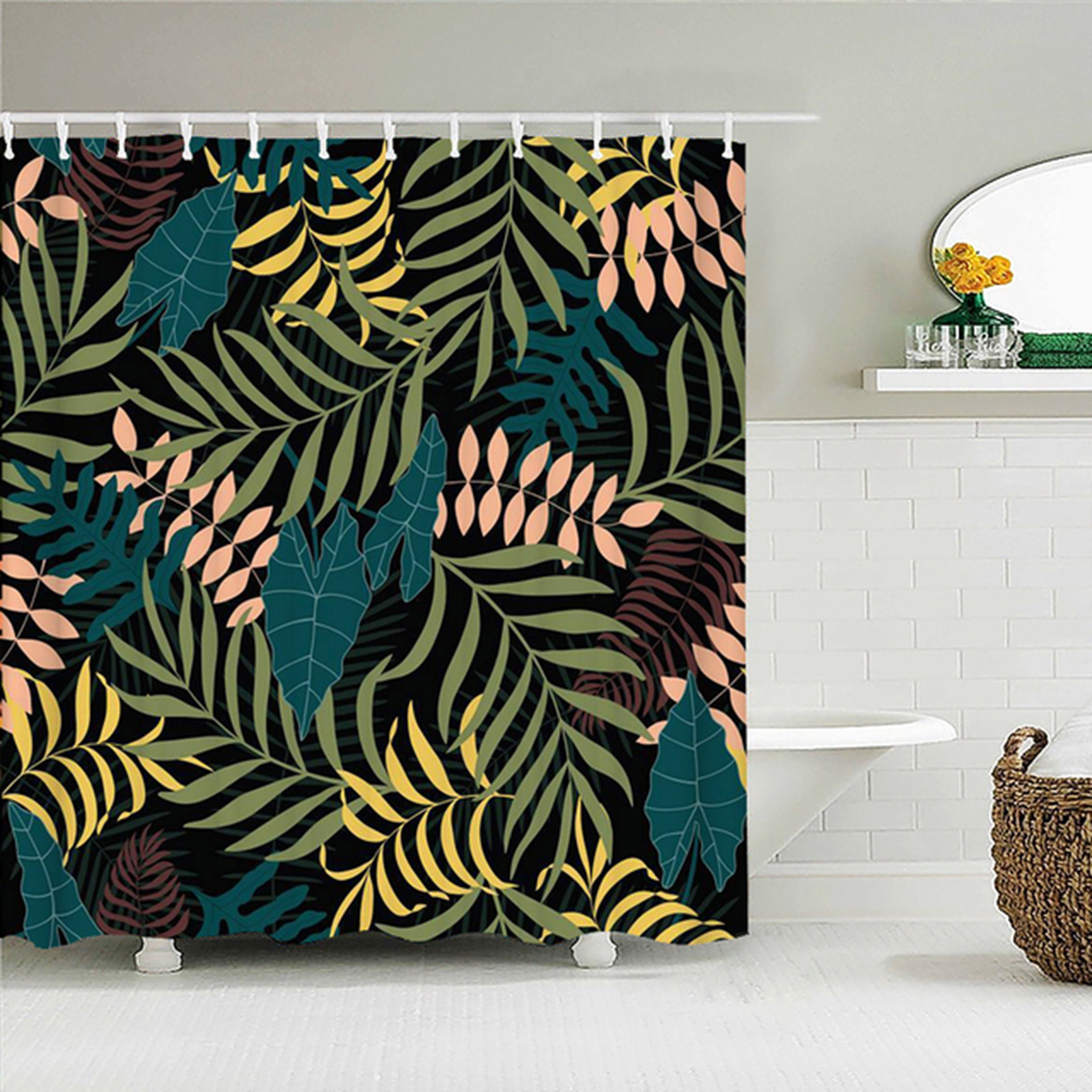 Botanical Palm Leaves Shower Curtain, Blue Lotus Flower Shower Curtain For Tropical Bathroom Decor