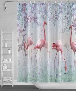 Botanical Palm Leaves and Flamingo Shower Curtain for a Summer Bathroom